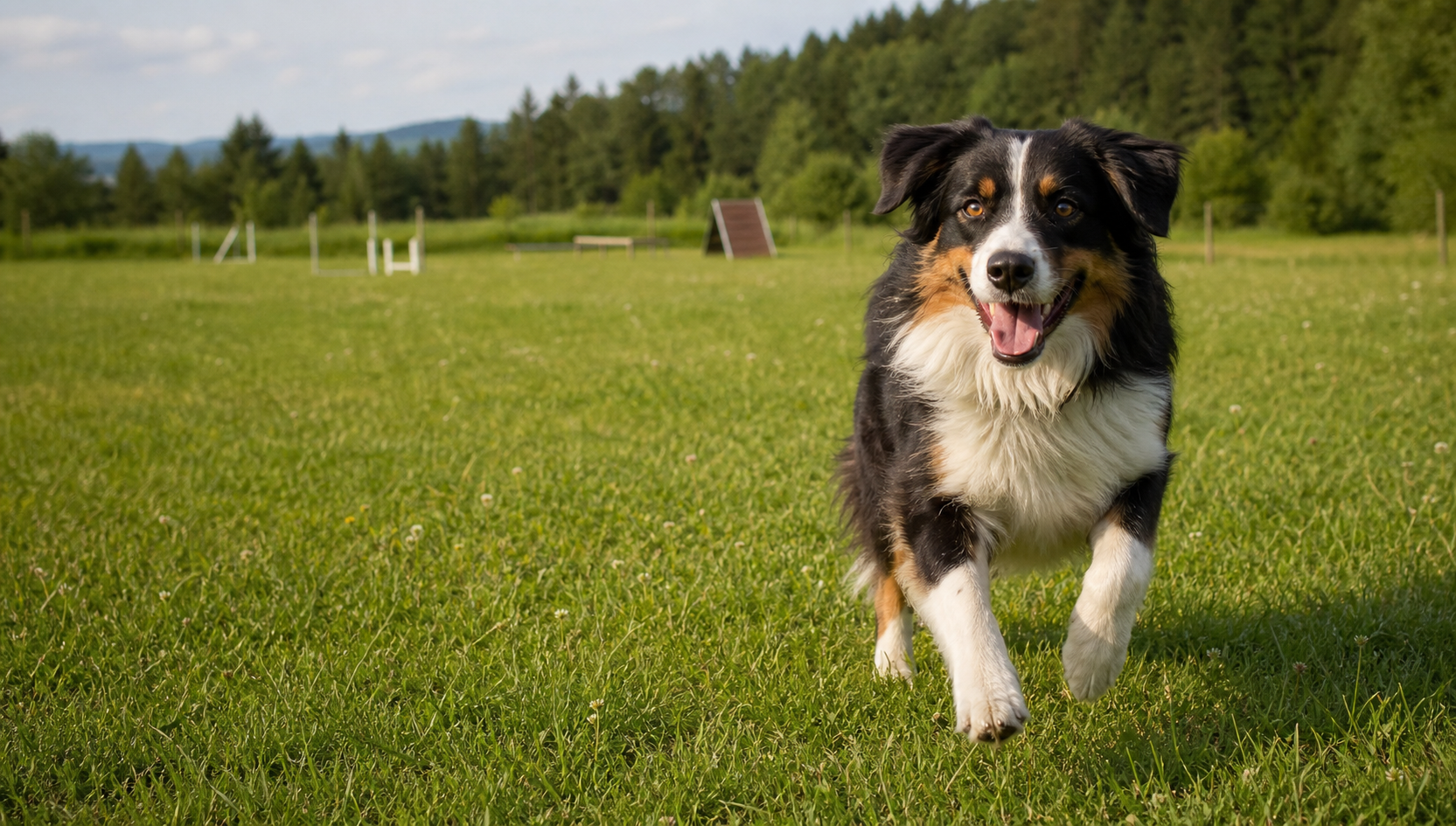 Ein fröhlicher Australian Shepherd läuft über einen grünen Hundeplatz